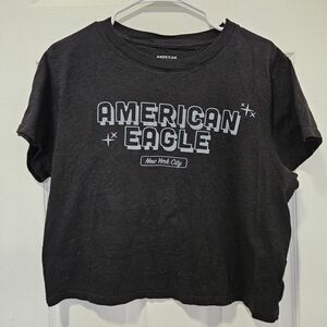 American Eagle Black Tee Crop Top with White Print